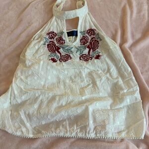 Francesca's Collections Ivory Halter Blouse with Burgundy Floral Design